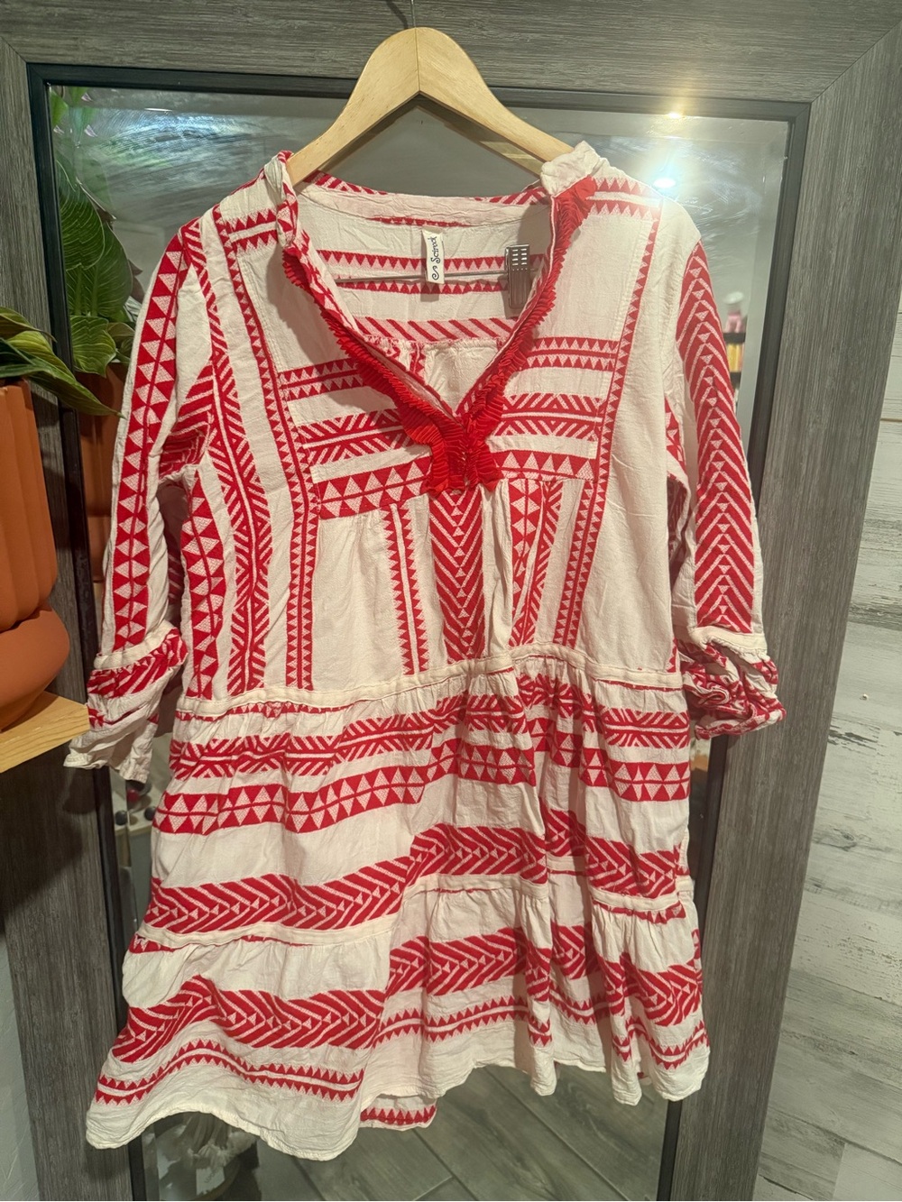 Boho Red and White Mini Dress with Embroidered Detail
